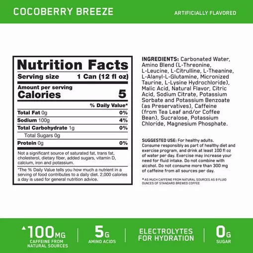Optimum Nutrition ESSENTIAL AMIN.O. ENERGY+ Electrolytes Sparkling *new* Cocoberry Breeze 355ml * 12 Cans (12 Servings) Türkiye | 752803KAT
