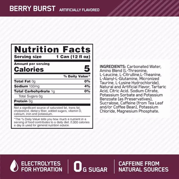 Optimum Nutrition ESSENTIAL AMIN.O. ENERGY+ Electrolytes Sparkling Berry Burst 355ml * 12 Cans (12 Servings) Türkiye | 476280IBM