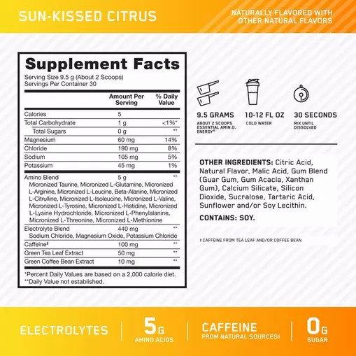 Optimum Nutrition Essential AMIN.O. ENERGY + Electrolytes *new* Sun-kissed Citrus 0.63 lb (30 Servings) Türkiye | 637409LBD