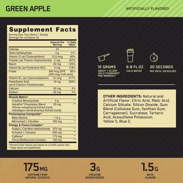 Optimum Nutrition GOLD STANDARD® Pre-Workout Green Apple 0.66 lb (30 Servings) Türkiye | 079185ECB