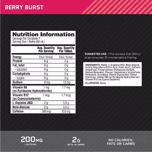 Optimum Nutrition Pure Pre 200 Pre-Workout Shot Berry 60ml (12 shots) Türkiye | 125379VWE